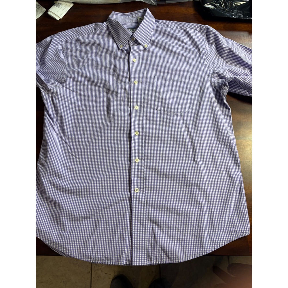 IZOD Mens Purple White Gingham Check Long Sleeve Button Down Shirt Large Cotton